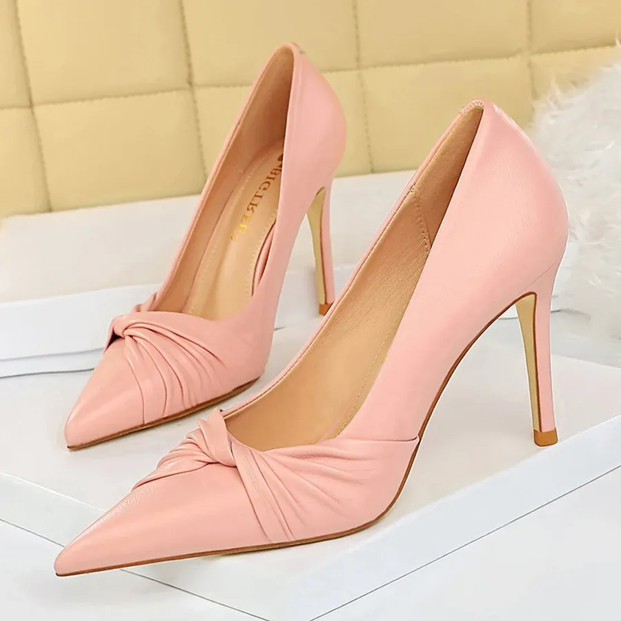 Pumps Spring Korean Sweet Bowknot Shallow Women Pumps Pink Black Soft Leather High Heels Ladies Office Bridal Pointed Toe Shoes Party