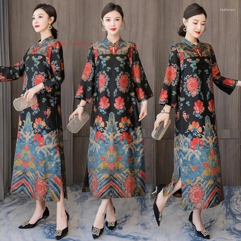 Etniska kläder 2024 Kinesiska förbättrade Qipao Vintage Banket Evening Dress Cheongsam National Flower Print Folk Traditionell A-Line