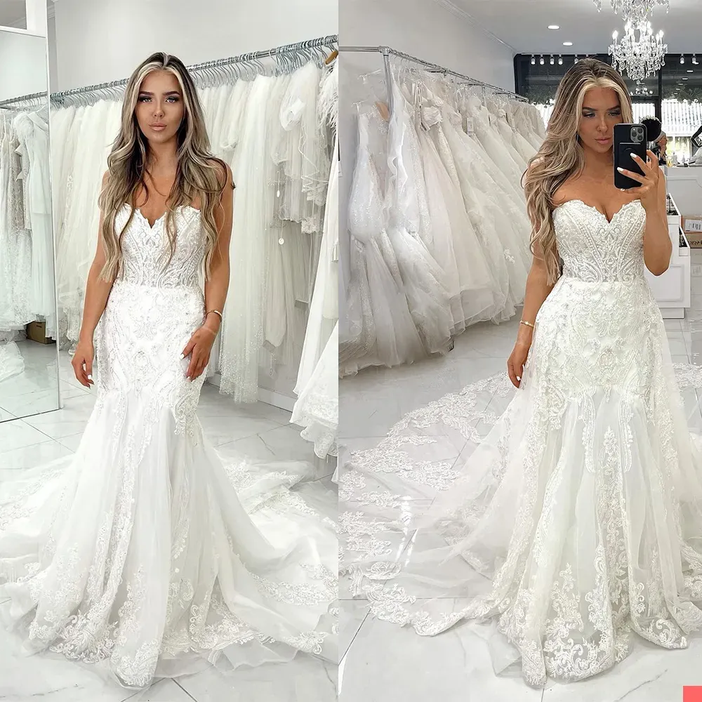 Robe de mariée sirène arabe dubaï, avec traîne détachable, application en dentelle, sans manches, grande taille, robes de mariée