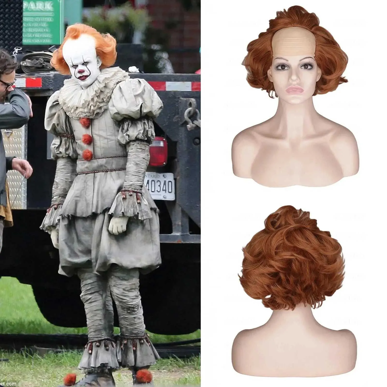 Syntetiska peruker spetsar peruker lockigt skallig peruk för gamla män ingefära brunt pennywise it halloween cosplay peruker fluffig dräkt anime peruk man 240328 240327