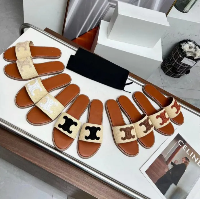Top quality flat slides slippers Leather insole Raffia sandals Embossed open toes luxury designer for women holiday flats sandal