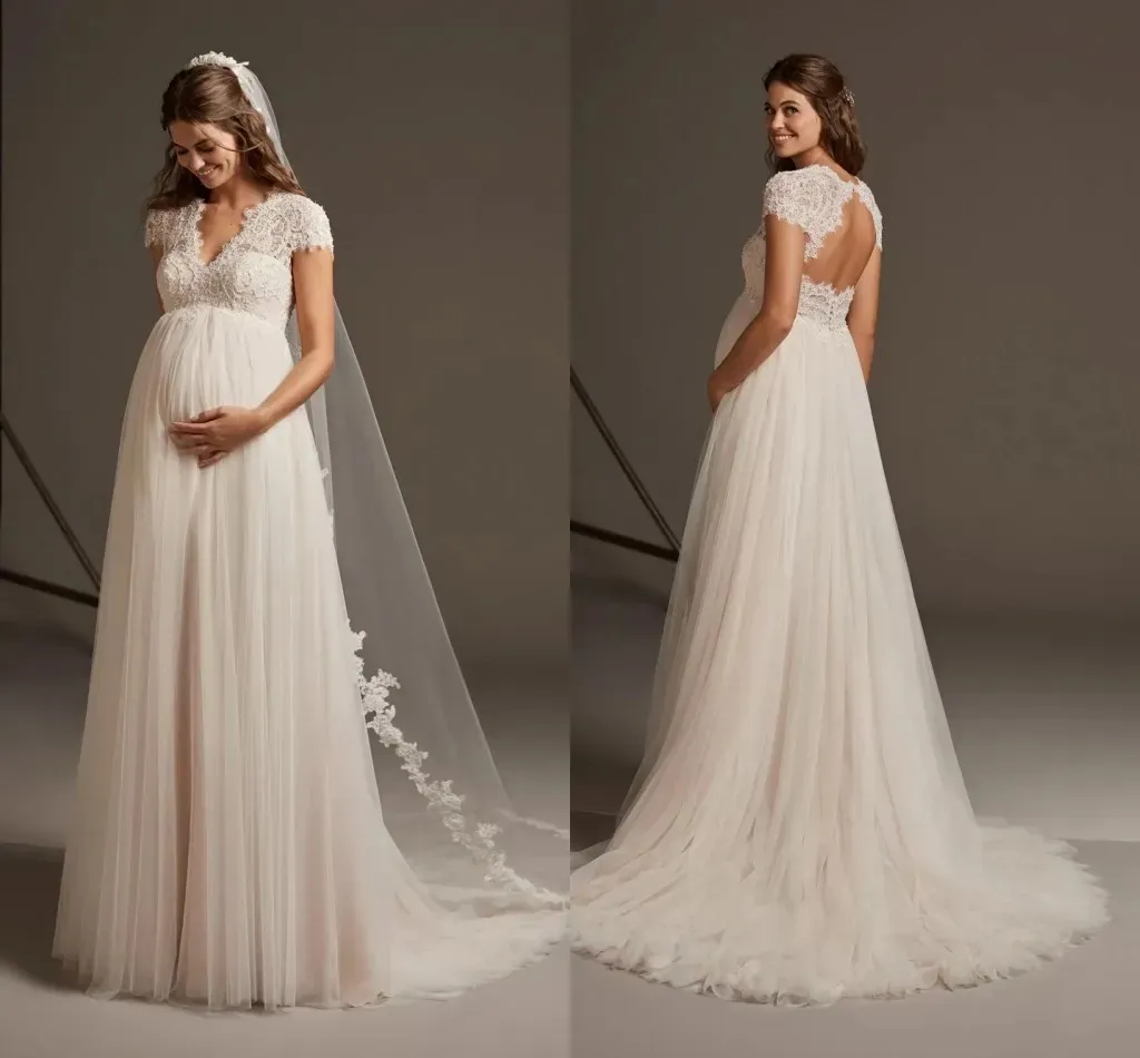 Empire Waist Wedding Gowns For Pregnant Maternity V Neck Lace Appliques Little Shiny Crystals Bridal Dresses Vintage Cap Sleeves A Line Tulle Robes de Mariee YD