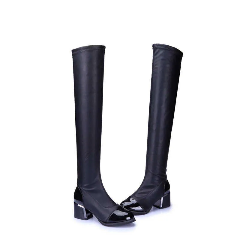 HBP Botas largas de otoño e invernal de otoño e invierno Botas largas de tacón medio puntiagudo de cuero sexy de alta calidad botas largas para mujeres