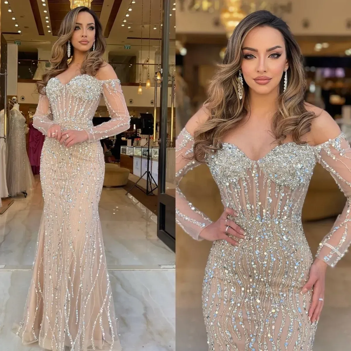 Elegant Champagne mermaid evening dresses Off Shoulder beading formal prom party gowns dresses for special occasions pleats long sleeves evening gown