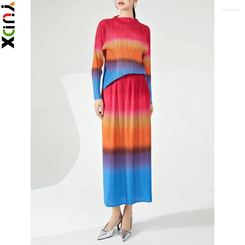 Robes de travail YUDX Miyake imprimé coloré plissé ensemble pour femmes manches longues T-shirt a-ligne jupes taille haute fête élégante 2024 printemps