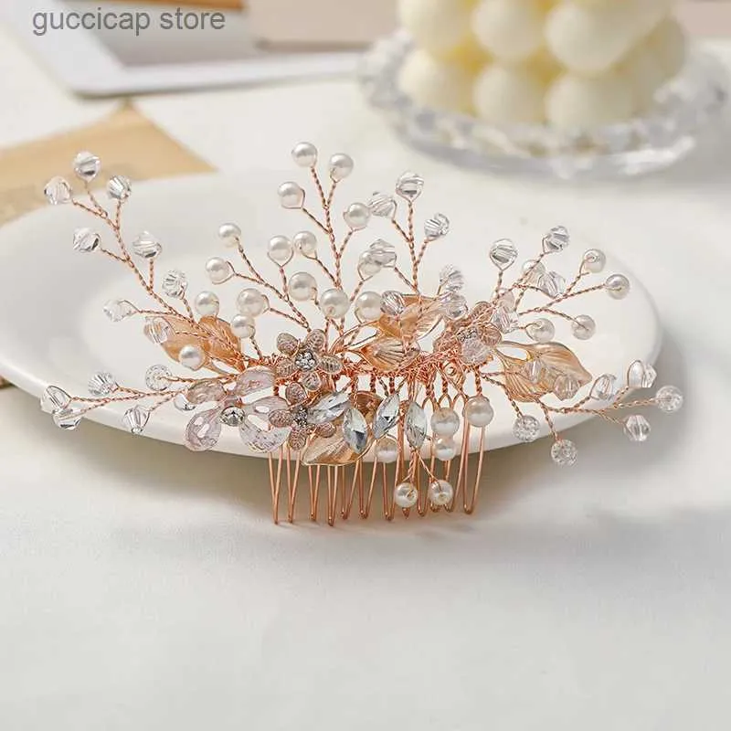 Tiaras Fashion Wedding Rose Gold Comb Headdress Pearl Rhinestone Hair Accessories Bride Handmade Tiara Ladies Prom Jewelry Y240319