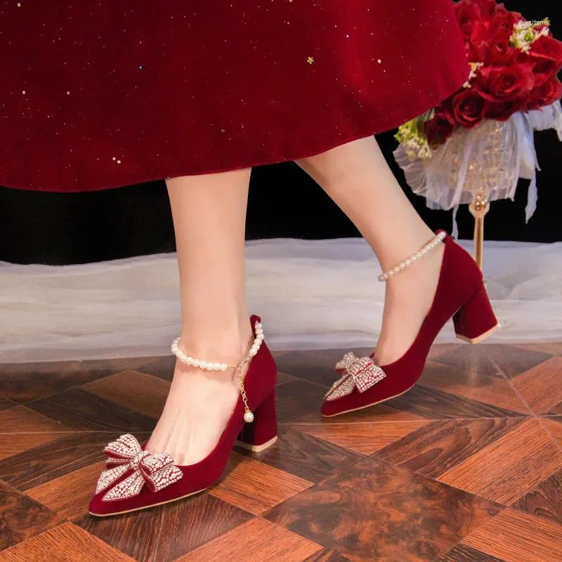 اللباس أحذية تصميم سيداتي ماري جين هاي كعب Bowknot Rhinestones Pumps Fashion Party Red Wedding Bridal Women 3C