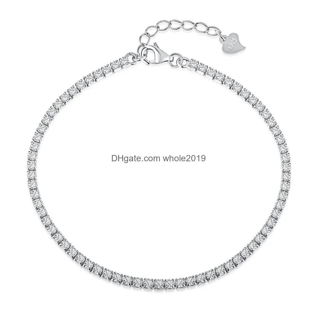 Теннис 100% S925 Sterling Sier 2 мм Iced Out браслеты-цепочки для женщин и девочек Роскошные круглые 5A кубический цирконий Bling хип-хоп ювелирные изделия в подарок Dhhxy