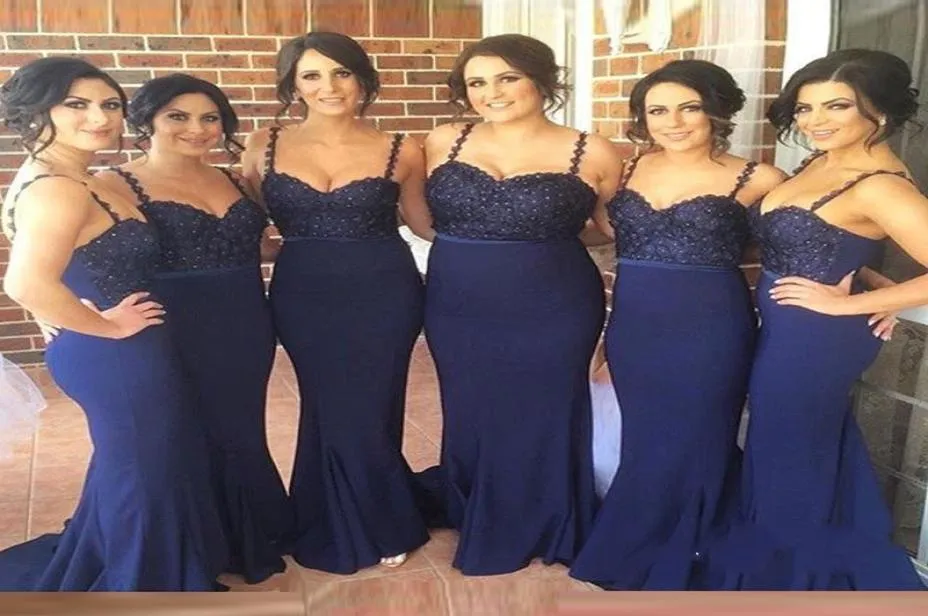 Navy Blue Plus Size Bridesmaid Dresses Long Spaghetti Straps Spaghetti Straps Beads Mermaid Wedding Guest Dress Count Train Party 5454894