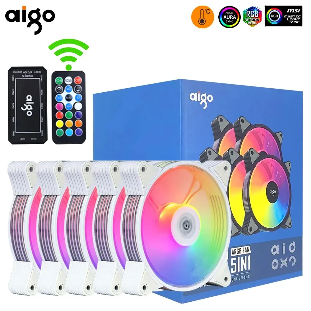 AIGO AR12 화이트 120mm PC 컴퓨터 케이스 팬 냉각기 6Pin 조정 가능한 RGB LED 12cm 음소거 벤티너 조정 속도 5V Argb 팬 240314