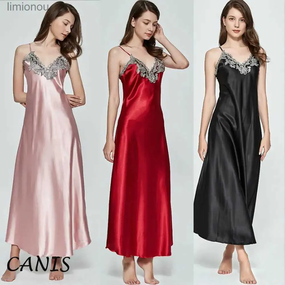 Women's Sleepwear Women Sexy Lingerie Oversize Satin V-Neck Long Nightdress Silk Lace Nightgown Sleepwear Robe Dress Babydoll UnderwearC24319