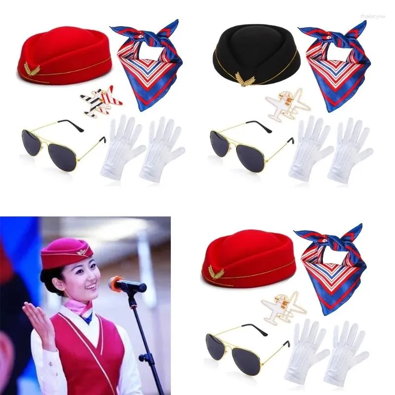 Berets Air Hostess Party Stewardess Hap Hat Okulary Scarf maskarady cosplay dla Halloween Role Costume