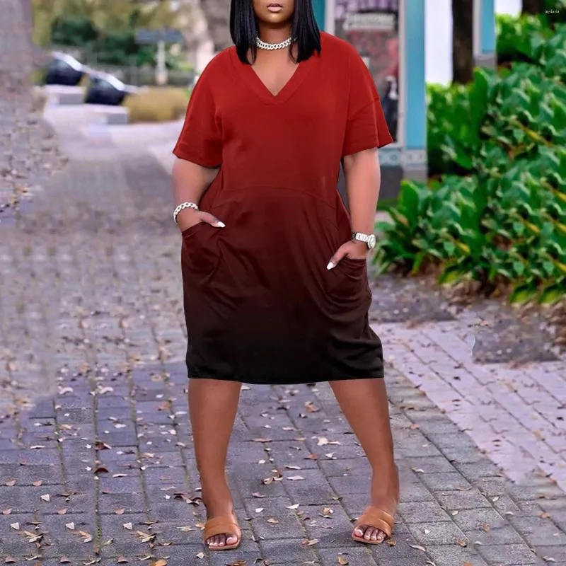 Casual Kleider Gradienten Druck Kurzarm Midi Afrikanische Frauen Boho T-shirt Kleid Weibliche Taschen Übergroßen Party Plus Größe