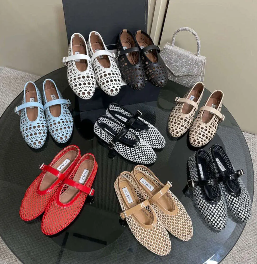 Nova moda de luxo designer recortes malha ballet flats fivela cinta vestido sapatos plana sandália couro real dedo do pé redondo sapatos de dança escritório sapatos de casamento hgg gewf