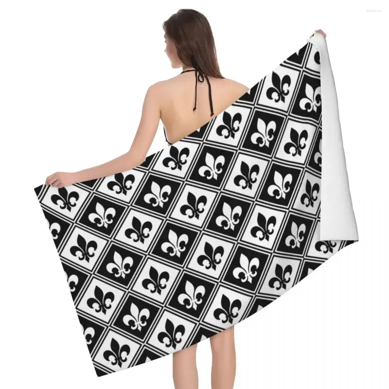 Serviette De Plage À Motif Fleur De Lis Et Diamants Noirs À Séchage Rapide Fleur De Lys Floral Serviettes De Sauna De Douche en Microfibre Super Douces