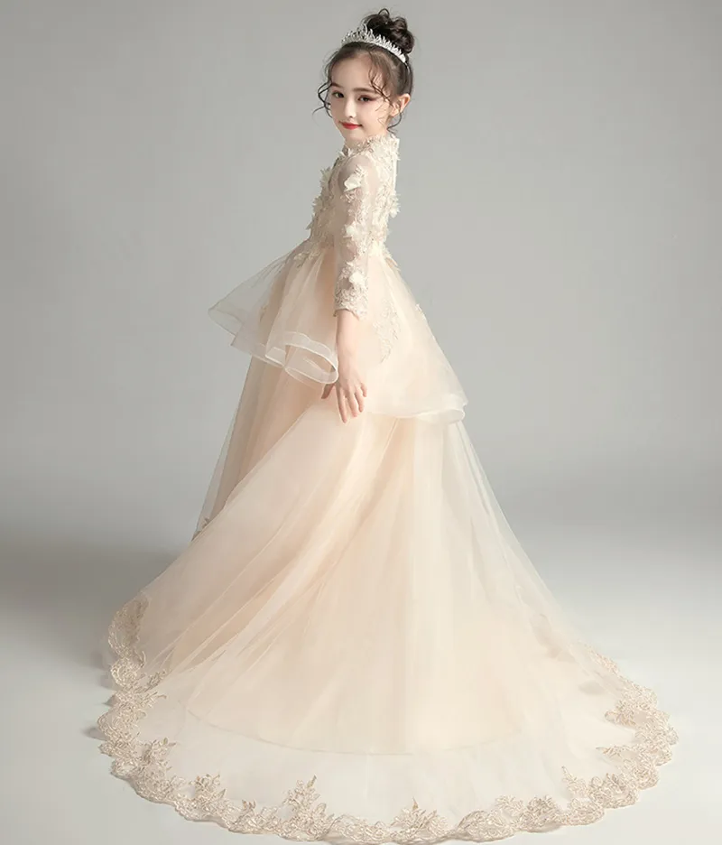 Beige Tulle Flower Girl Dress with Beaded Applique and 3/4 Long Sleeves  Floor-Length A-Line Skirt for Girls SZ 2-12 from Dhgate Flower Girls'  Dresses - price 76.89