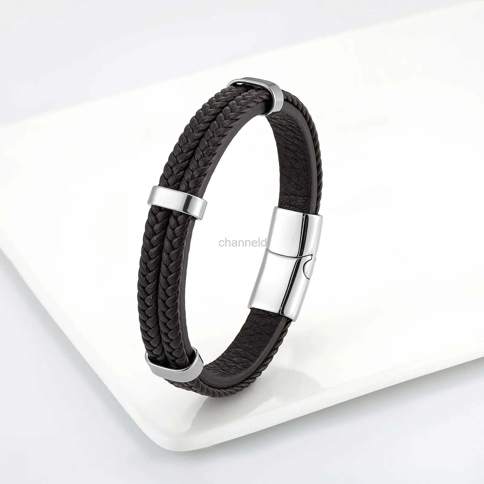 Bangle Simple Fashion Style Punk 3-Ring Aço Inoxidável Mens Pulseira Pingente 3-Layer Leather Link Classic Bracelet 240319