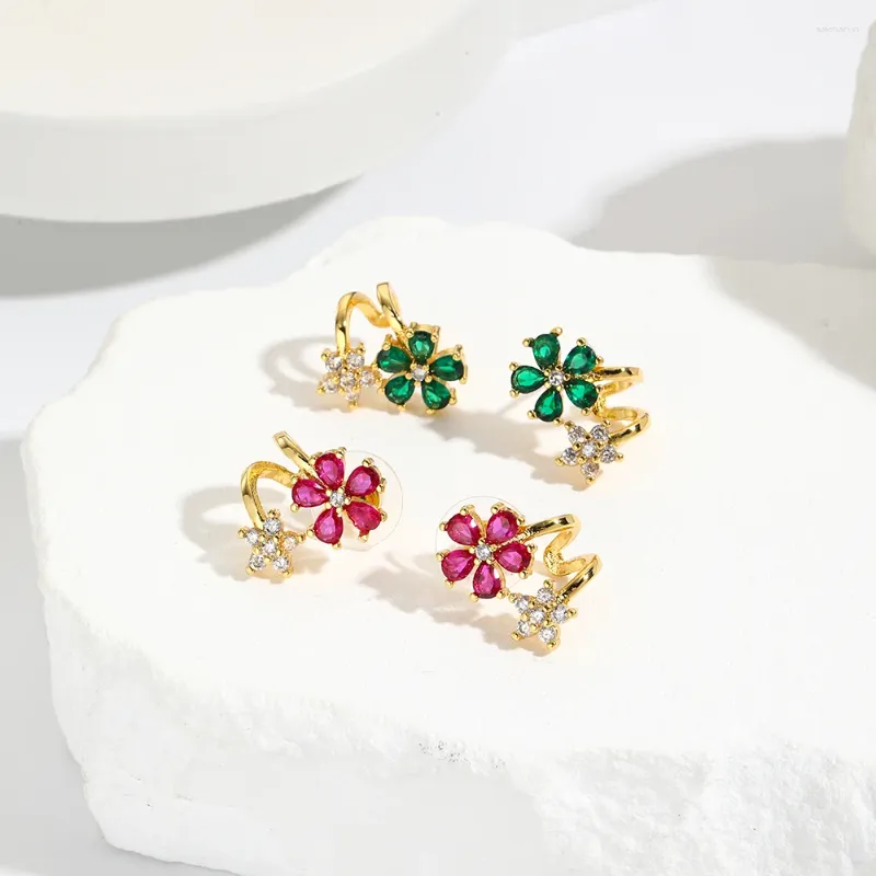 Stud Oorbellen Mode Luxe Rood/Groene Bloem Voor Vrouwen Koper Zirkoon Geluk Sieraden Accessoires Party Huwelijkscadeau