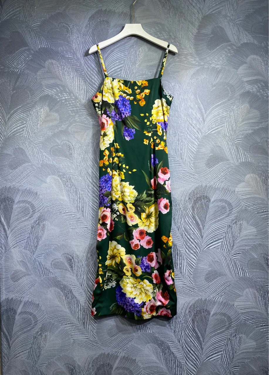 2024 Primavera Verde Floral Estampado Vestido Sem Mangas Pescoço Quadrado Midi Vestidos Casuais F4M181650