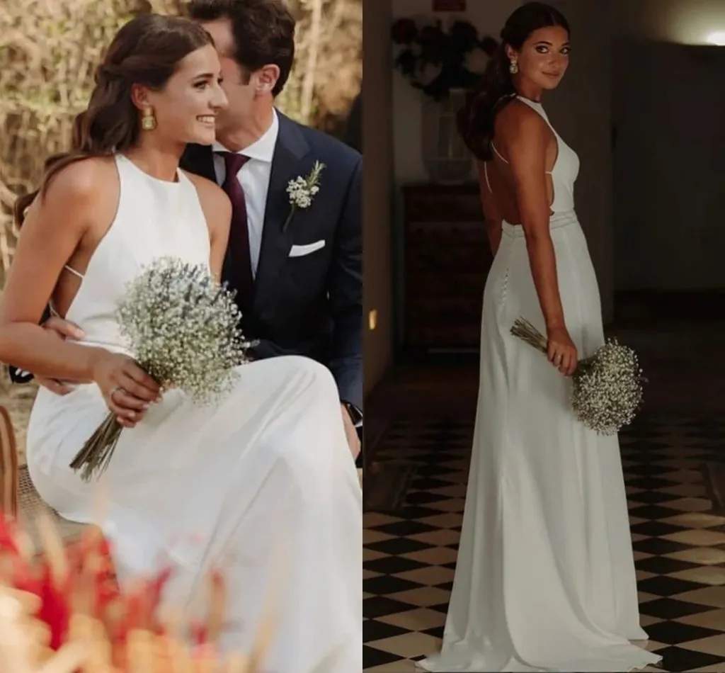 Abito da sposa con scollo all'americana sexy da spiaggia per le donne 2024 Senza maniche A Line Backless Button Chiffon Abiti da festa da sposa Robe De Mariage