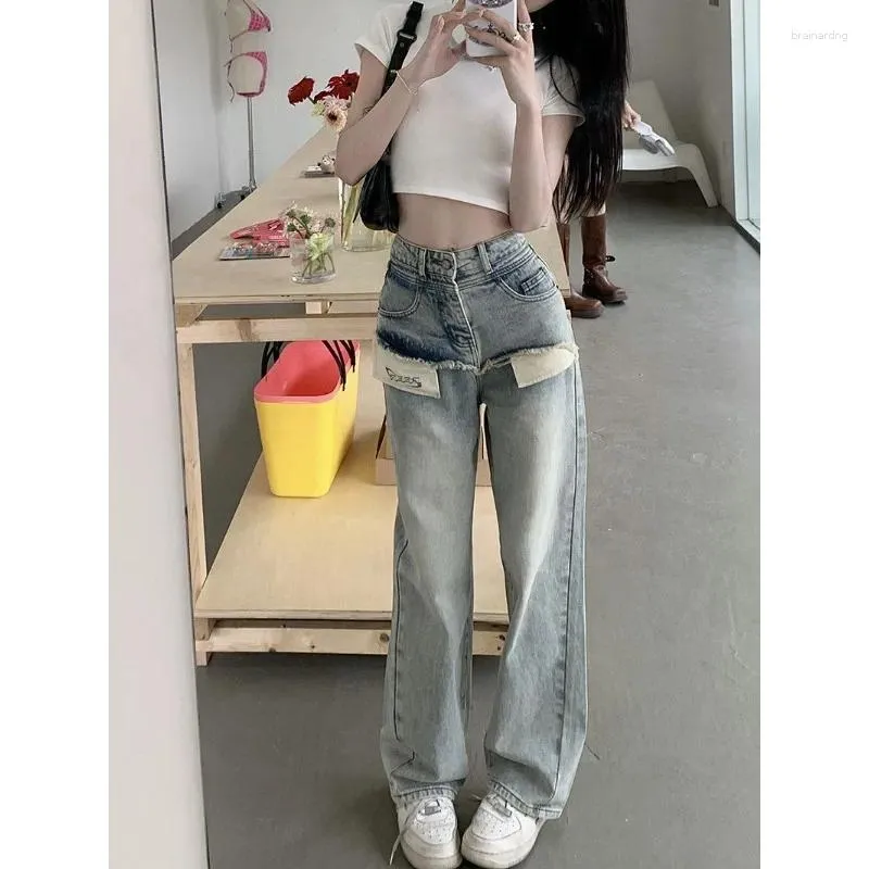 Kvinnors jeans ficka trasig kant vår/sommar koreansk utgåva hög midja smal löst rakt ben bred golv drar byxor