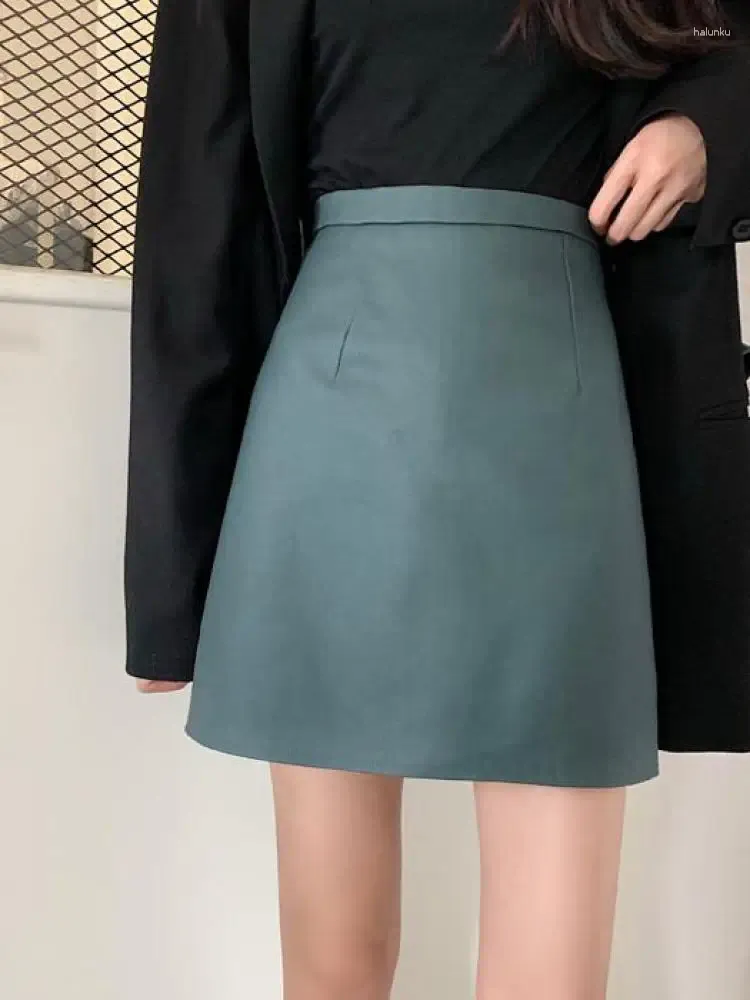 Saias vintage sólido zíper mini pu saia de couro mulheres moda coreana cintura alta bodycon sexy clube a-line hip envoltório curto feminino