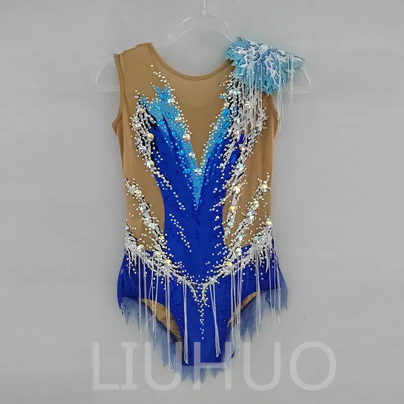 LIUHUO Personnaliser Les Couleurs Justaucorps De Gymnastique Rythmique Filles Femmes Compétition Artistique Gymnastique Performance Porter Cristaux Bleu BD622