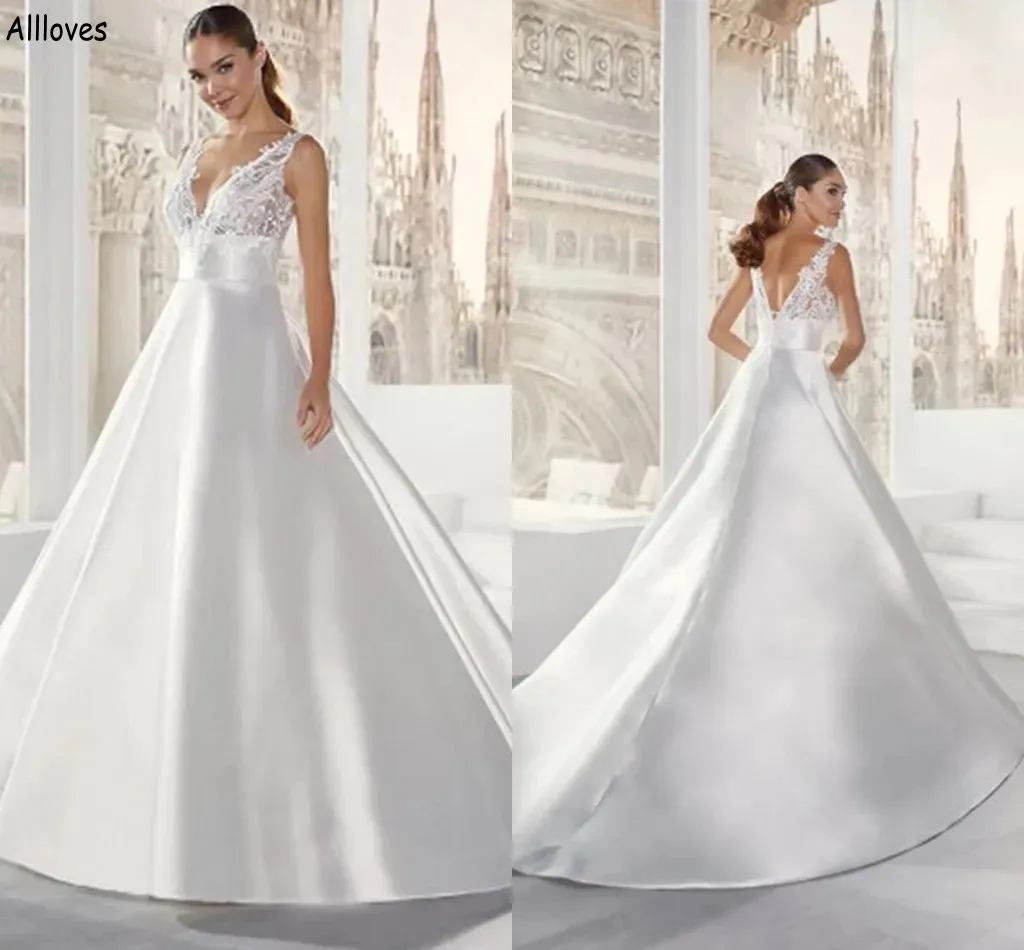 Minimalistyczne proste satynowe sukienki ślubne Linia Koronka V SEKSKIE SUNKS MODELNY Z DŁUGIMI TRACEM PLUS SIZE VESSIDOS DE NOVIA Low Back Matnici Party Bridal Gowns