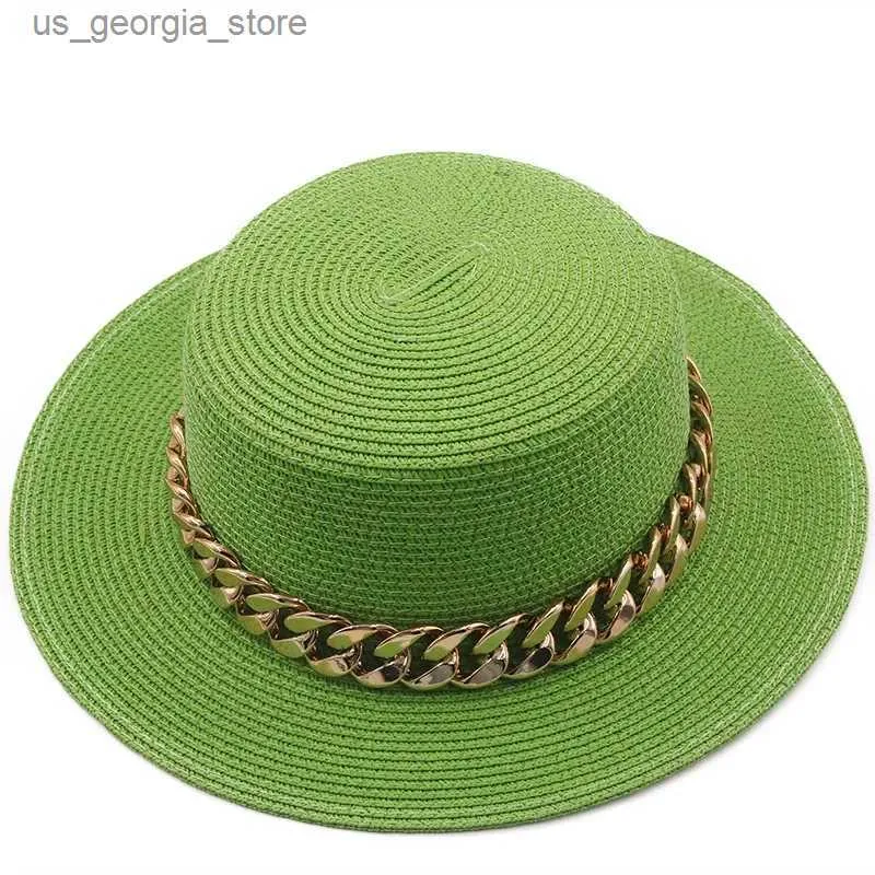 Ampla borda chapéus balde chapéus limão verde plana top str chapéu corrente de ouro mulheres verão ao ar livre proteção solar chapéu de praia mulheres sombreros de playa y240319