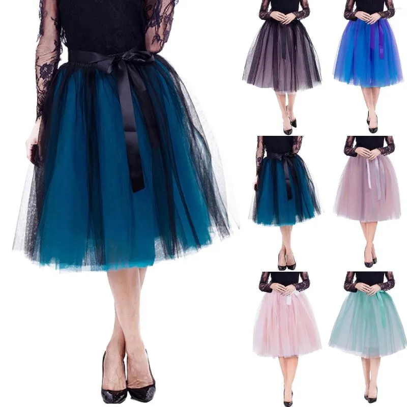 Skirts Elegant Tulle Women High Waist Gradient Mesh Pleated Midi Skirt Korean Bow Elastic Wiast A Line Tutu Faldas