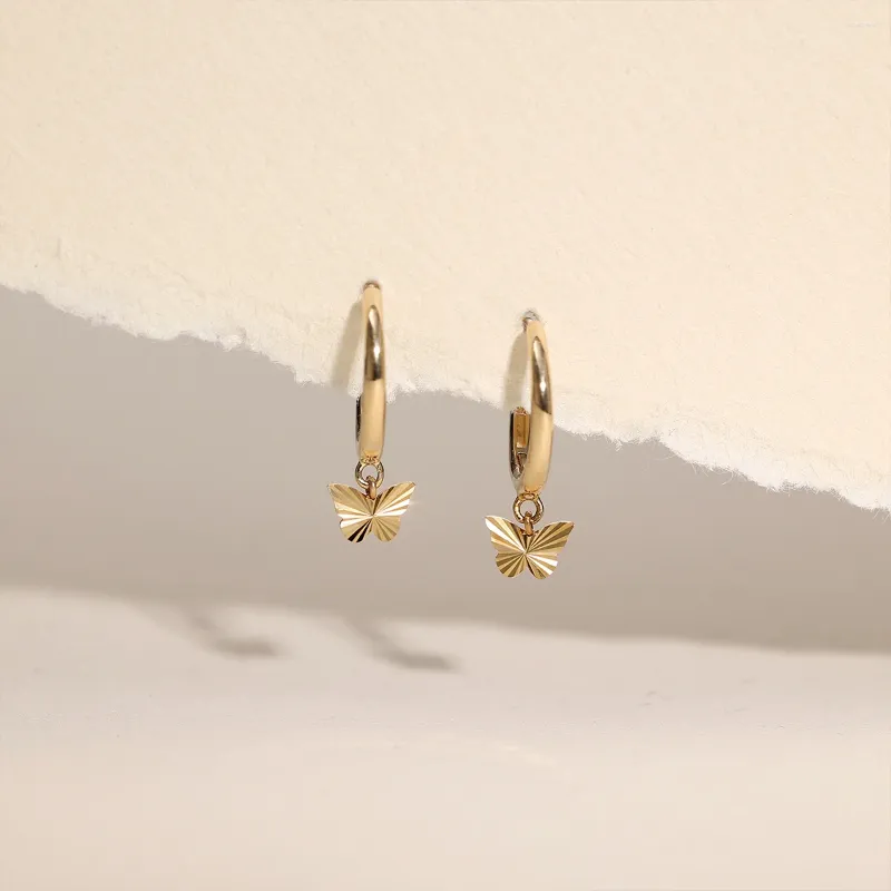 Hoop Earrings Fine Jewellery Butterfly Shape Dangle Hoops Real 14k Solid Gold Pendant Drop Huggie For Women