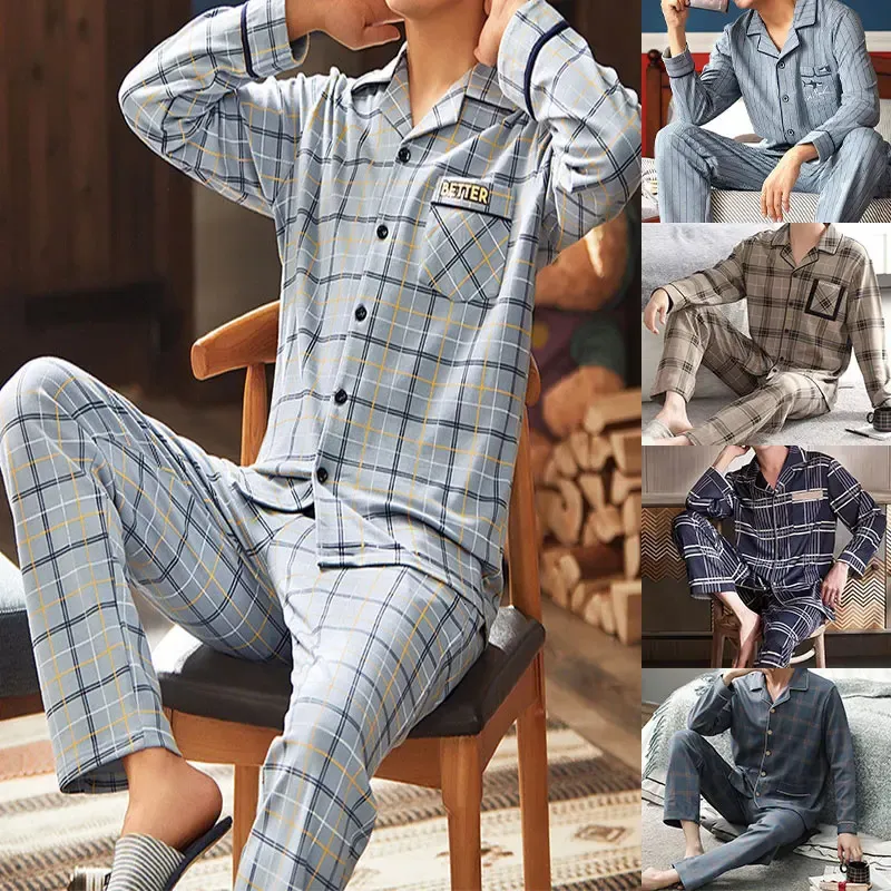 Herren-Thermo-Pyjama-Sets mit Knöpfen, lässig, langärmelig, Hosen, Hauskleidung, Anzug, Winter und Herbst, kariertes Muster, Nachtwäsche 240307