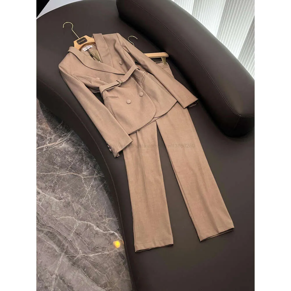 2024 automne kaki couleur unie deux pièces pantalons ensembles à manches longues revers cranté ceinturé blazer blazers haut avec ensemble pantalon costumes F3O0747