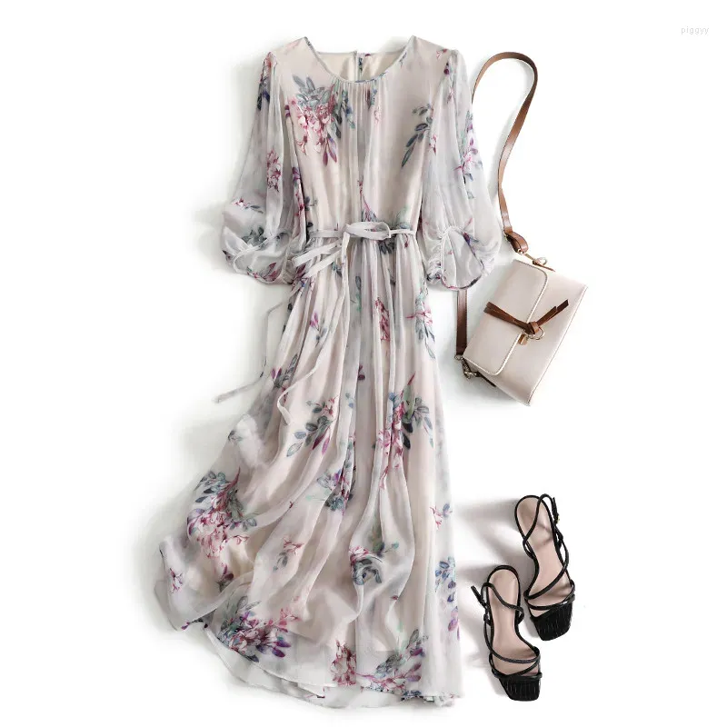 Robes décontractées Limiguyue français double couches imprimé floral robe en soie femmes en mousseline de soie d'été lanterne manches a-ligne midi robes Z028
