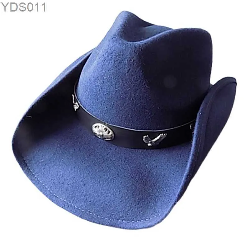 Breda randen hattar hink cowboy hatt med rullad randen sammansatt vår och hösten Ancient Belt Wool Felt Western Cowboy Mans Jazz 240319