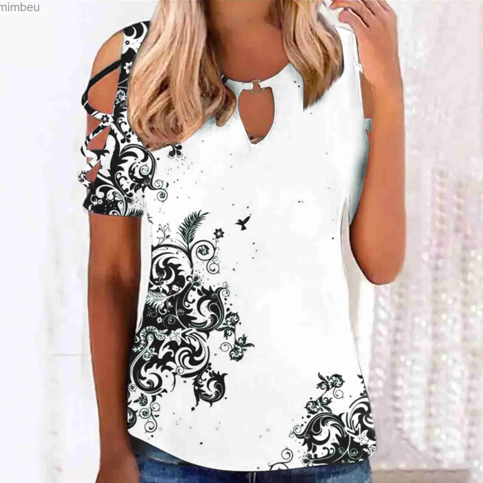 Women's T-Shirt 2024 New Dew Shoulder Tshirts Women Hollow Short Sleeve Floral T-Shirts Crewneck Fashion Casual Summer Tops Female Loose TeesC24319