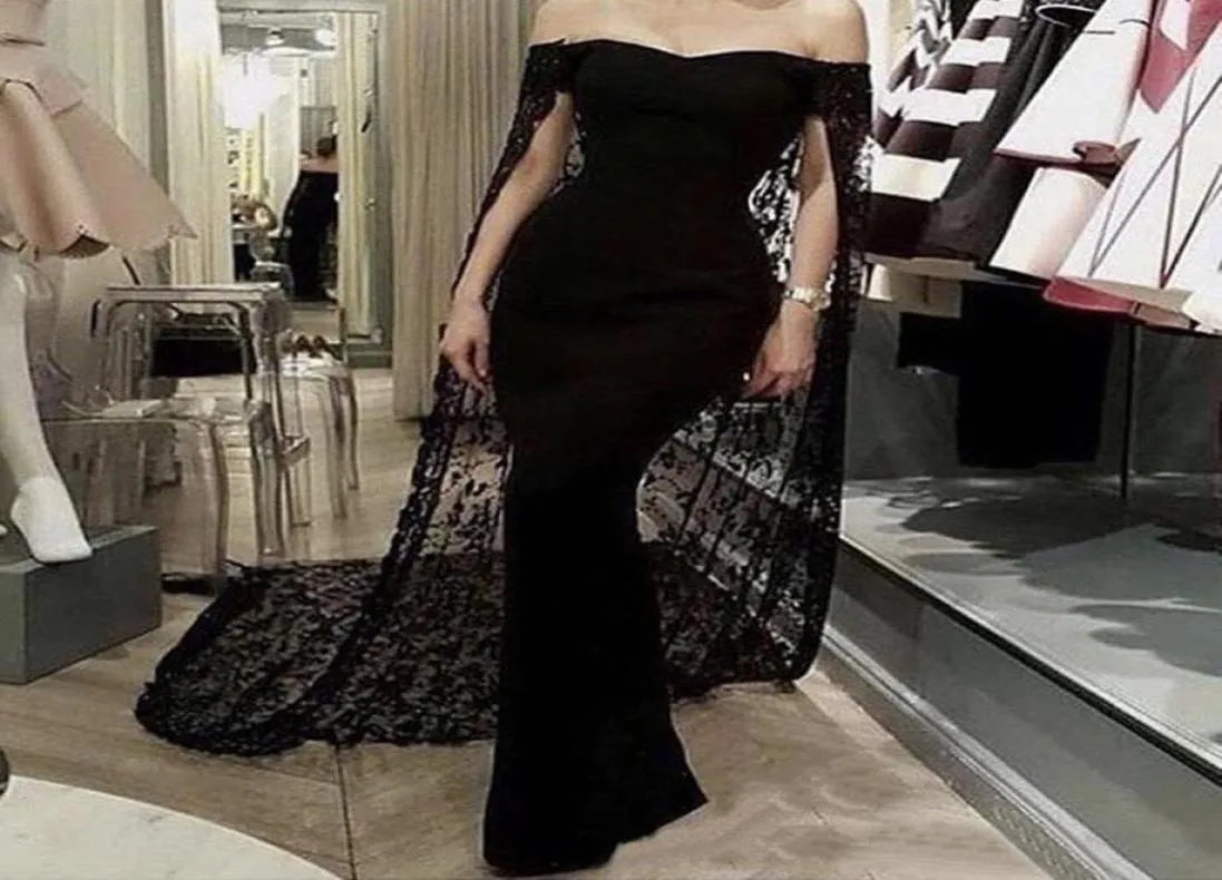 Custom New Black Mermaid Evening Dresses With Cape Off The Shoulder Full Lace Saudi Arabic Formal Red Carpet Dress Sweep Train Pro8447902