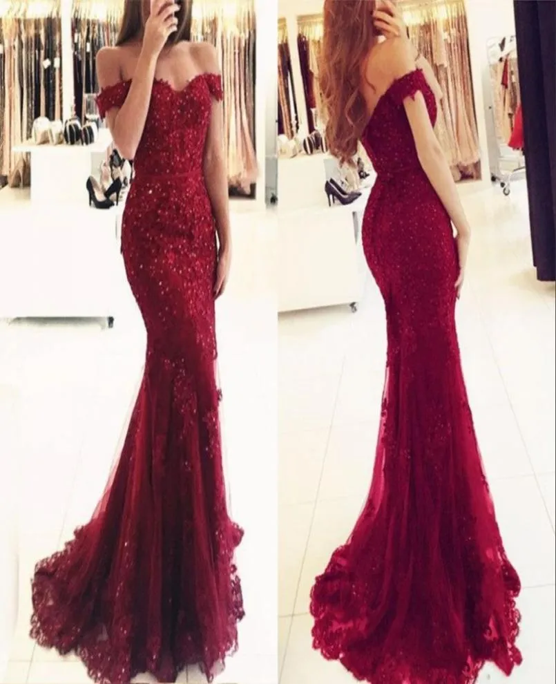 Elegant Burgundy Beaded Lace Mermaid Prom Dresses Off Shoulder Short Sleeves Floor Length Formal Evening Gowns Vestido de Fiesta7888693