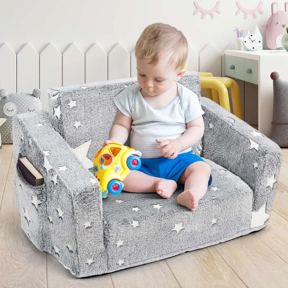 FCCABIN Sofa, Kindercouch, klappbarer Klappstuhl, umwandelbares Kindersofa zur Liege, ausziehbares Spielzimmer, faltbare Kleinkindcouch für Mädchen und Jungen, Grau (Sterne-Grau)