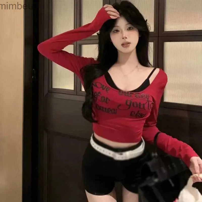Kadınlar T-Shirt İnce Seksi Moda Mektubu Baskı Üst yığılmış İki Parçalı Kafisole Kadın Tişört Korece Versiyon Bahar Sonbahar Redc24319
