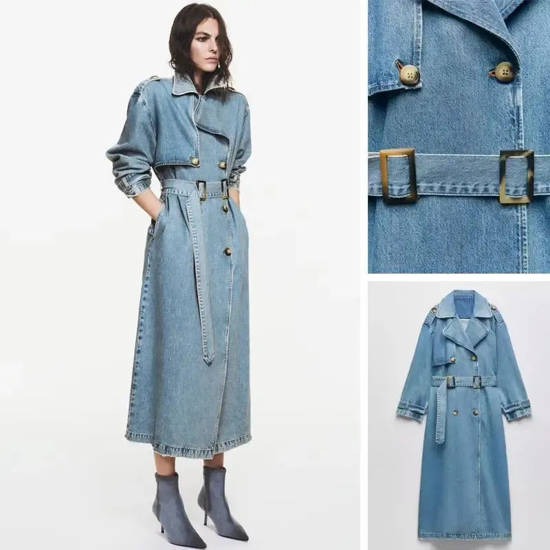 Denim trench coats para mulheres cinto na cintura magro jean senhoras jaqueta feminina jaqueta azul mulher 240319