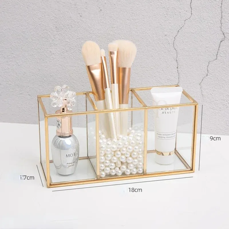 Transparent Glass Makeup Brush Storage Box Gold Cosmetics Container Ring Pencil Lipstick Holder Make Up Brushes Organizer