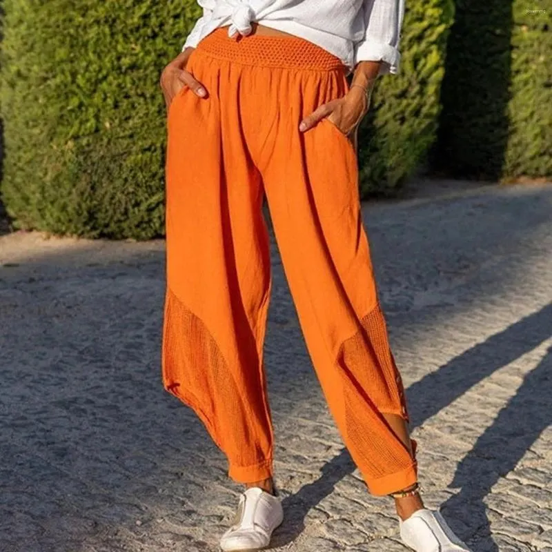 Damen-Hosen, legere Urlaubs-Oversize-Leggings, verkürzte Hose mit Fischnetz-Bein-Stil, Übergröße mit Tasche