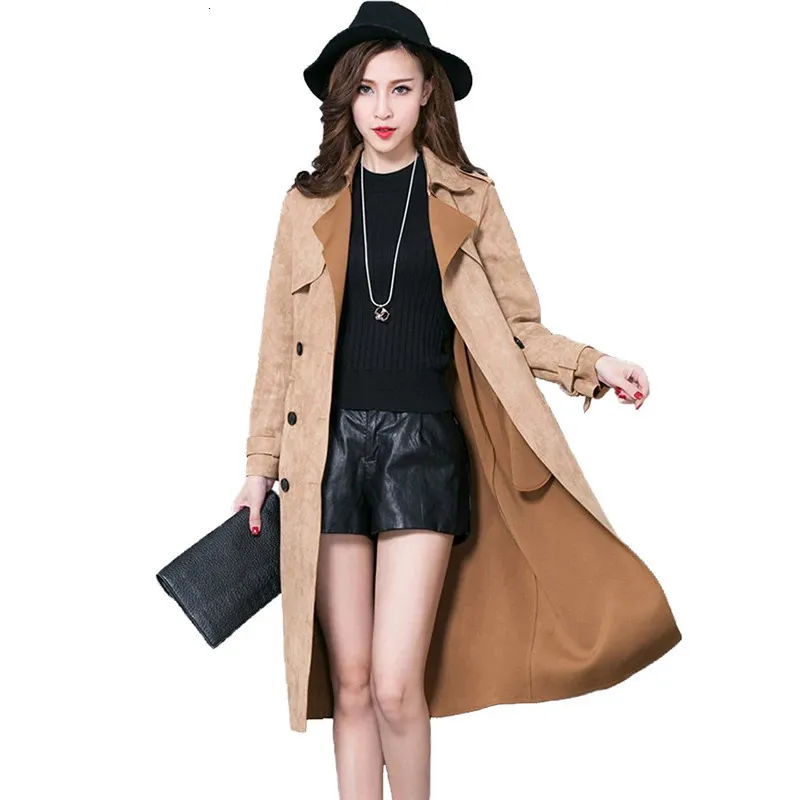 Fashion Buckskin Suede Trench Coats Women Spring Autumn Long Coat S-6XL Windbreaker Female Double Breasted Trench A2841 240306