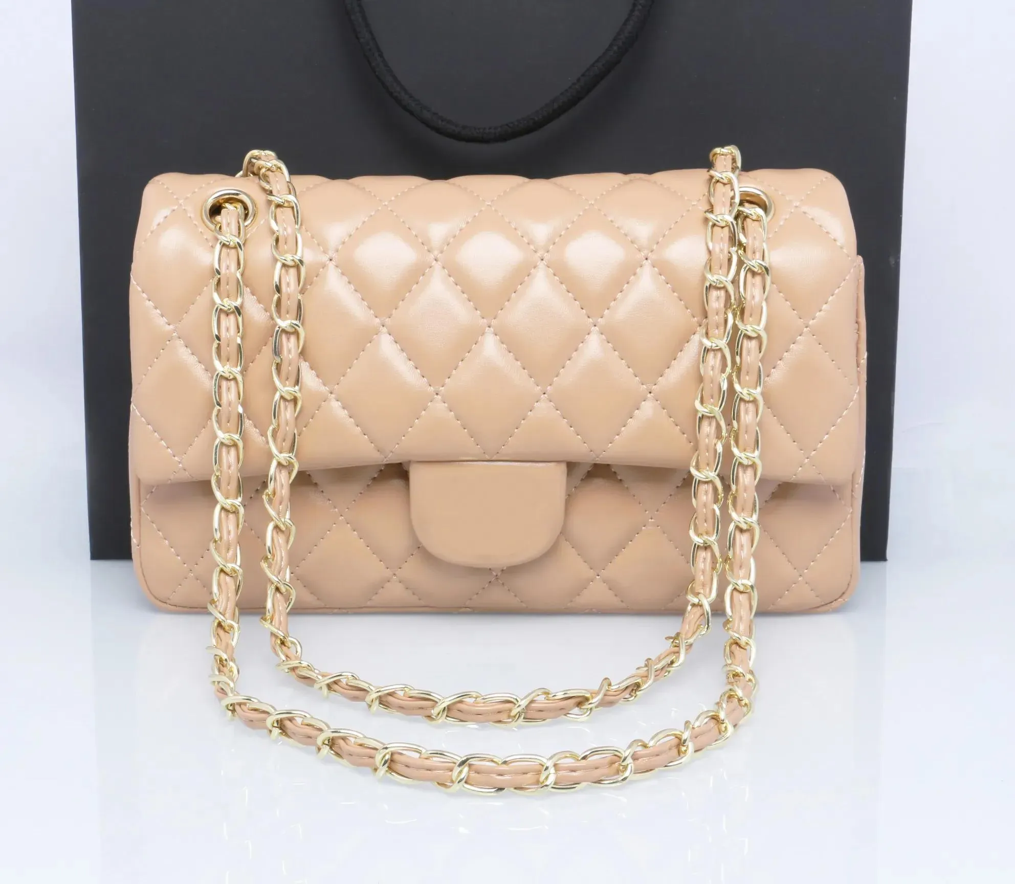 Handbag With Chain Designer Black Quilted Gold Handbag With Chain Strap 25CM Real Leather ...