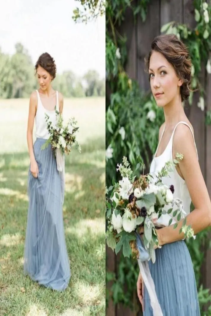 Tanie szary 2019 Sukienki na plażę z druhną z spódnicą Tutu spaghetti tiulowy Tiul Bohemian Maid of Honor Party Dress Summer Beach MA4935930