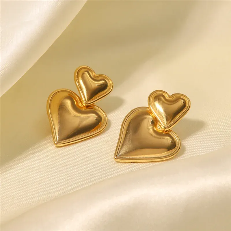 Brincos de ouro amarelo 14k em formato de coração duplo para mulheres banhados a ouro joias de metal suave presente de festa de luxo na moda