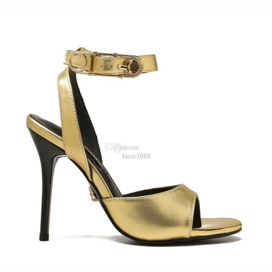 Designer High Heel Sandal Dress Shoes Ankle Strap Roman Studs Black Golden Naken Strip Strivets Womens Stiletto Block Heel 10cm Withbox 88
