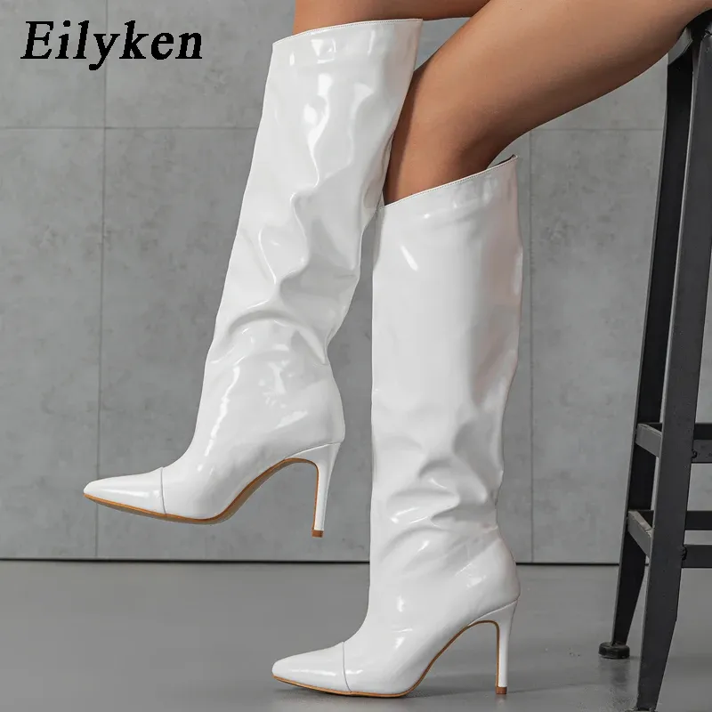 ブーツEilyken Patent Leather women nee High Boots Thin Heels Stileettos Nightclub Runway Poinded Toe Shoes Botas Mujer