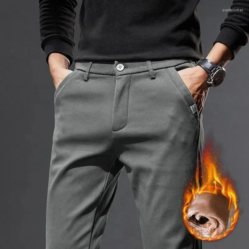 Męskie spodnie w stylu koreański jesienna zima moda polar ciepły swobodny biznes szczupły elastyczne proste spodnie duże rozmiar 28-38